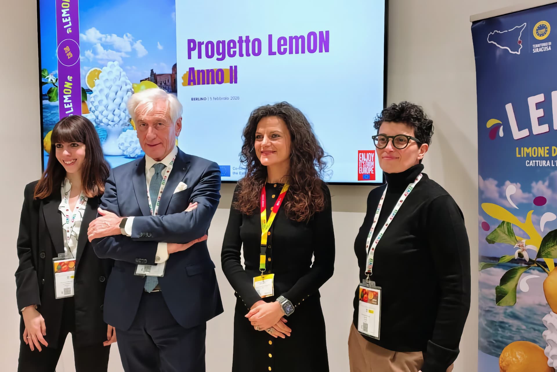 Da sx Sarah Bellentani, ufficio marketing di CSO Italy, Paolo Bruni, presidente di CSO Italy, Chiara Lo Bianco, vicepresidente del Consorzio del Limone di Siracusa IGP e Daria Lodi, statistica e osservatorio di mercato di CSO Italy