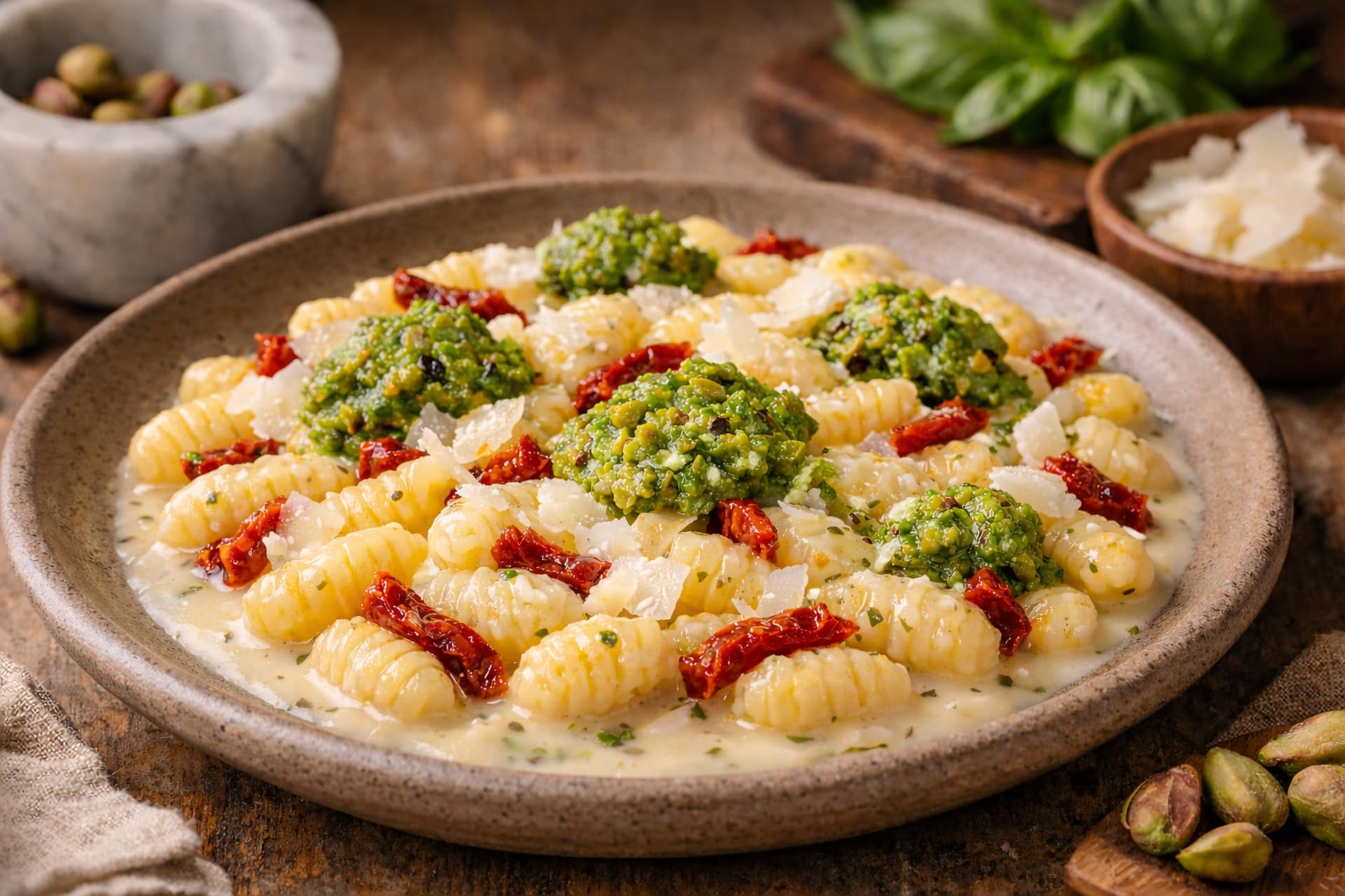 Malloreddus crema di pecorino e pesto ai pistacchi