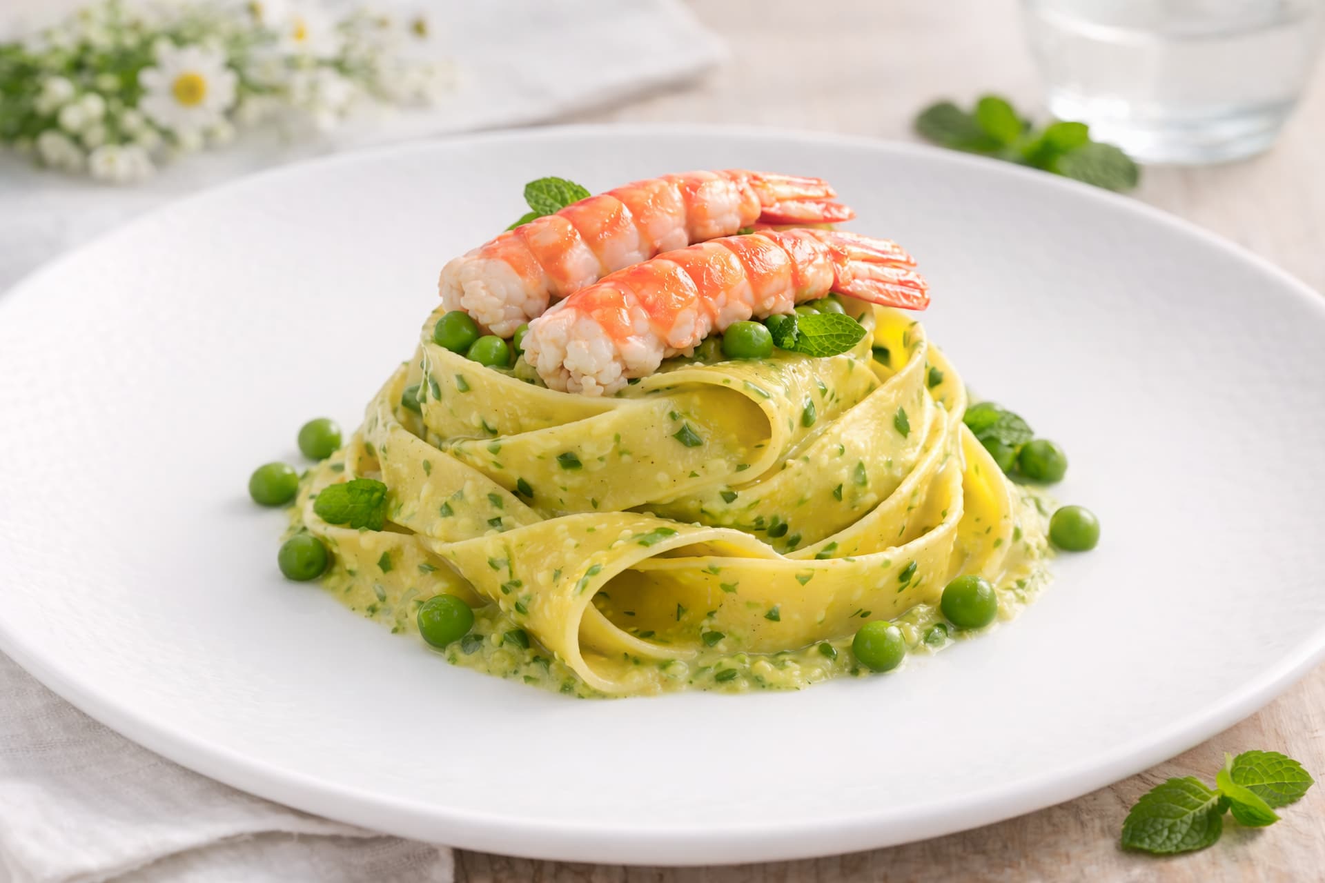 pappardelle piselli scampi