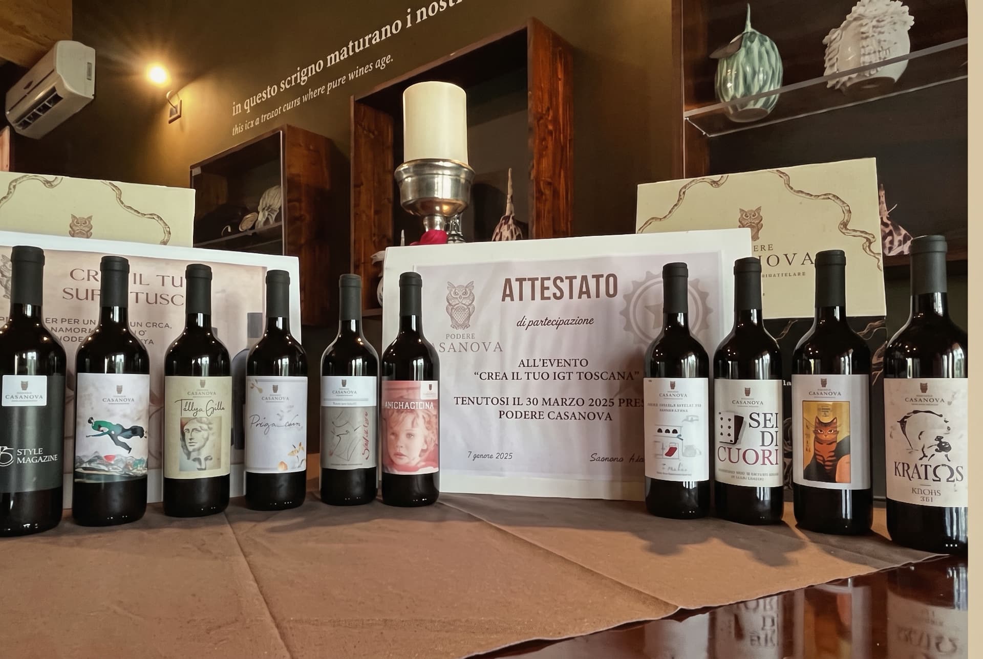 Podere Casanova bottiglie e attestato create dai partecipanti